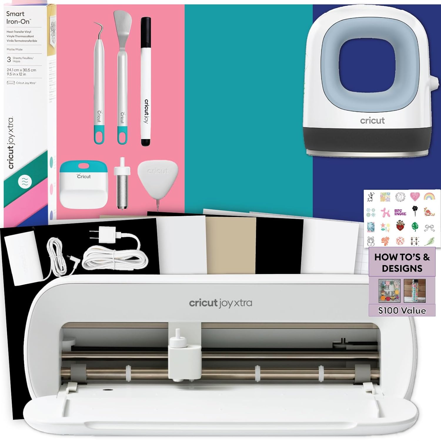 Cricut Joy Xtra Cutting Machine T-Shirt Making Bundle with Mini EasyPress Heat Press - Includes Smart Iron-On Materials, Tools &amp; Heat Transfer Vinyl Design Guides