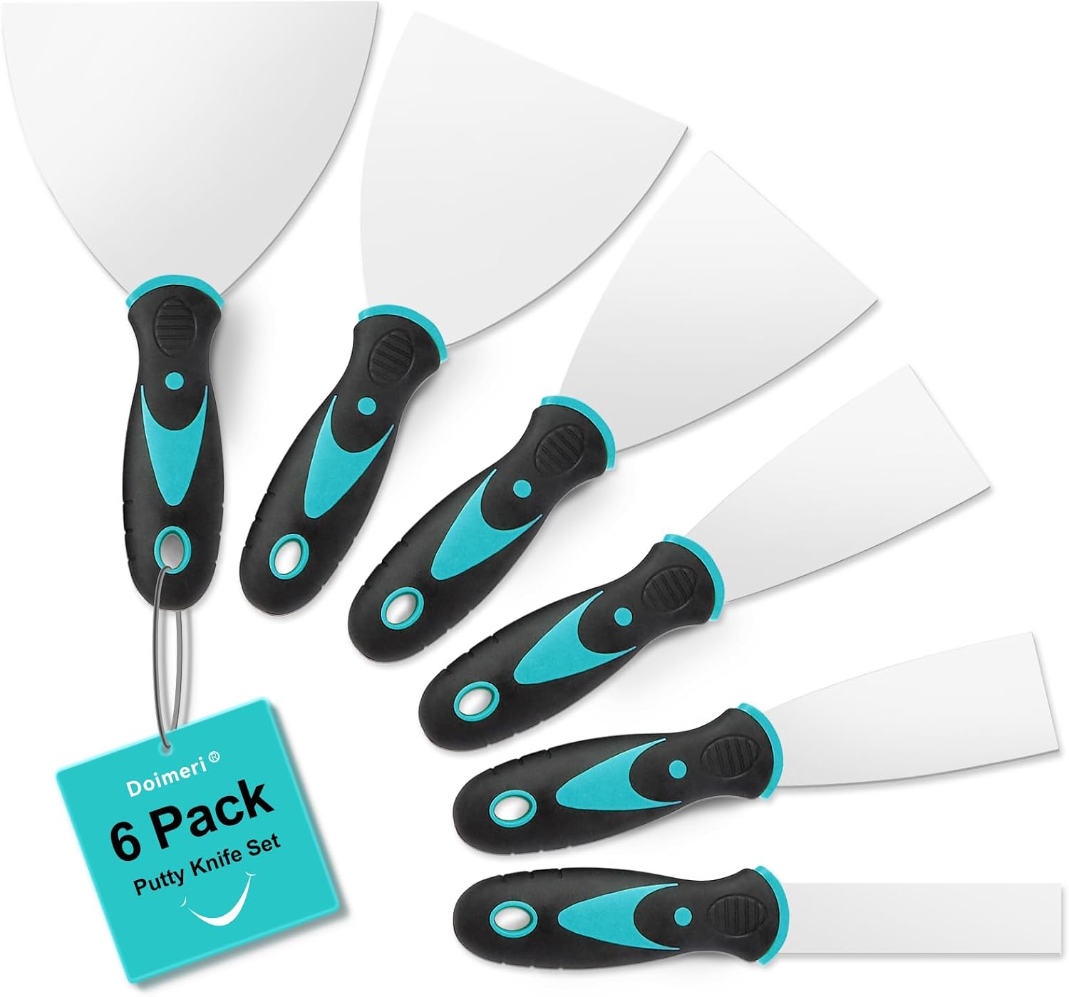 6 Pack Putty Knife, 1” 1.5” 2” 3” 4” 5” Spackle Knives, Premium Stainless Steel Paint Scraper, Perfect Tools for Repairing Drywall, Removing Wallpaper, Applying Mud Plaster